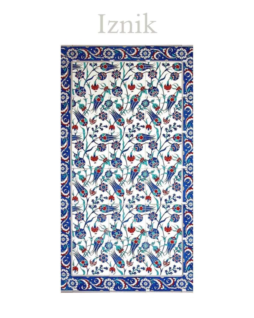 Iznik Ottoman tile with floral geometric patterns in blue, turquoise and red, used in Islamic architecture