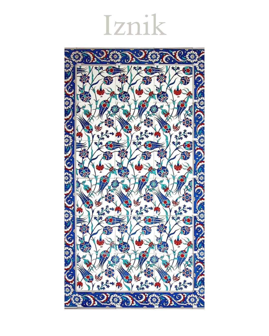 Iznik Ottoman tile with floral geometric patterns in blue, turquoise and red, used in Islamic architecture
