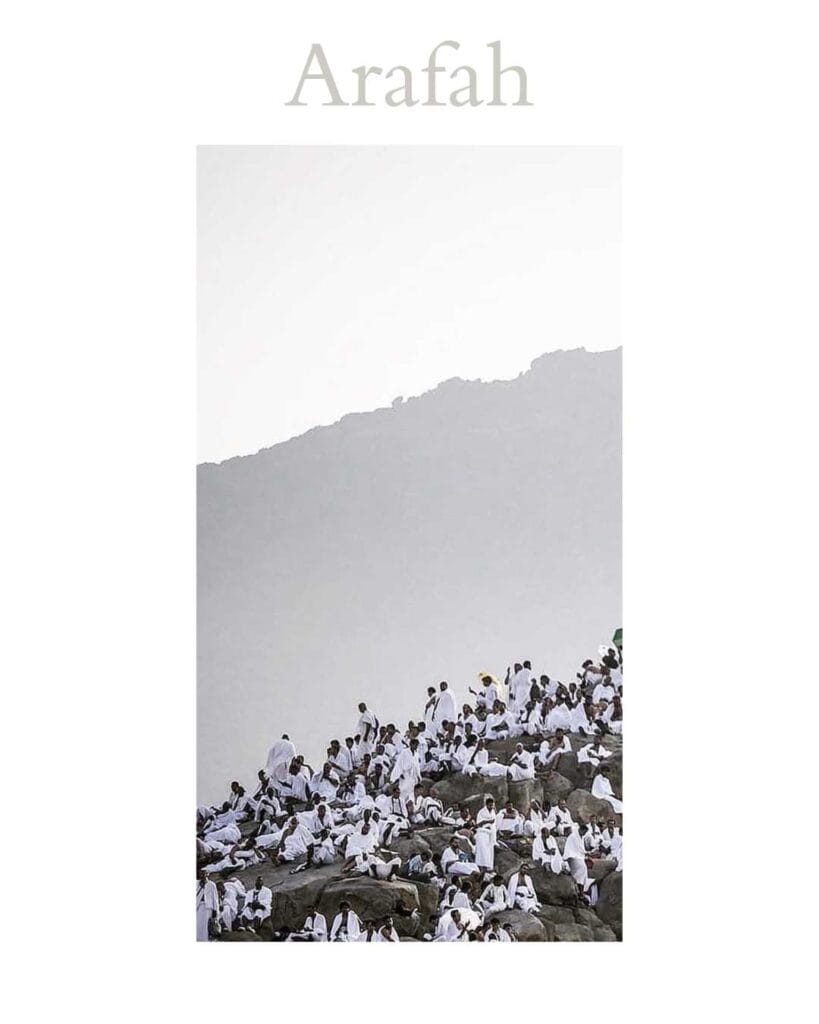 Minimal editorial visual inspired by the Day of Arafah, showing pilgrims gathered near Mount Arafat in soft monochrome tones, symbolizing humility, repentance, unity, and return to Allah ﷻ during Hajj.