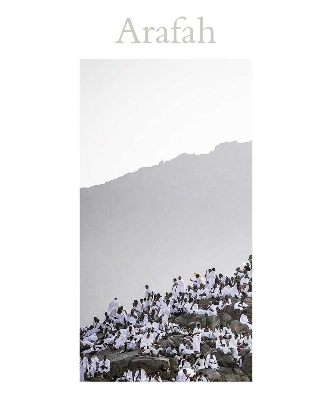 Minimal editorial visual inspired by the Day of Arafah, showing pilgrims gathered near Mount Arafat in soft monochrome tones, symbolizing humility, repentance, unity, and return to Allah ﷻ during Hajj.