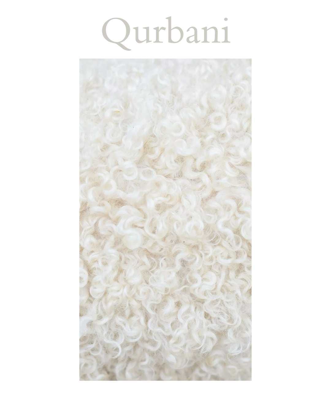 Minimal editorial visual with the word “Qurbani” over a soft textured white background symbolizing sacrifice, nearness to Allah ﷻ, purity, and spiritual devotion during Eid al-Adha.