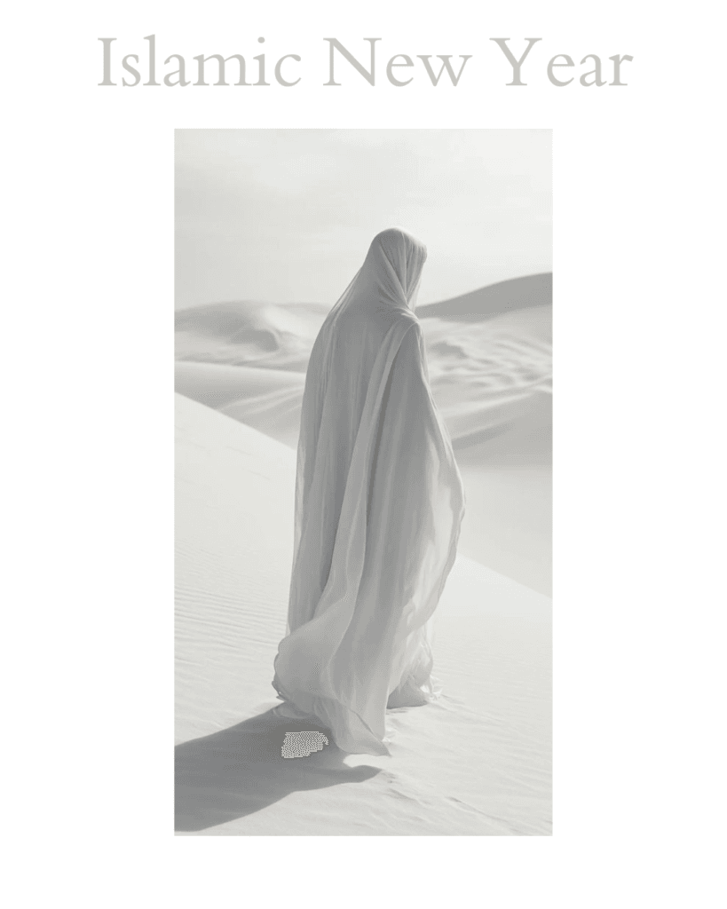 Faceless Muslim woman walking through white desert dunes, representing the Hijrah, a journey of faith, sacrifice, and alignment with Islamic values.