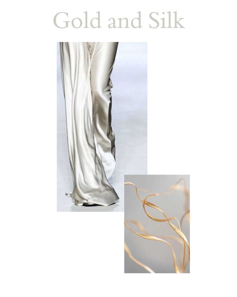 Silk fabric and gold inspired by the Islamic philosophy of beauty, dignity, and Paradise.