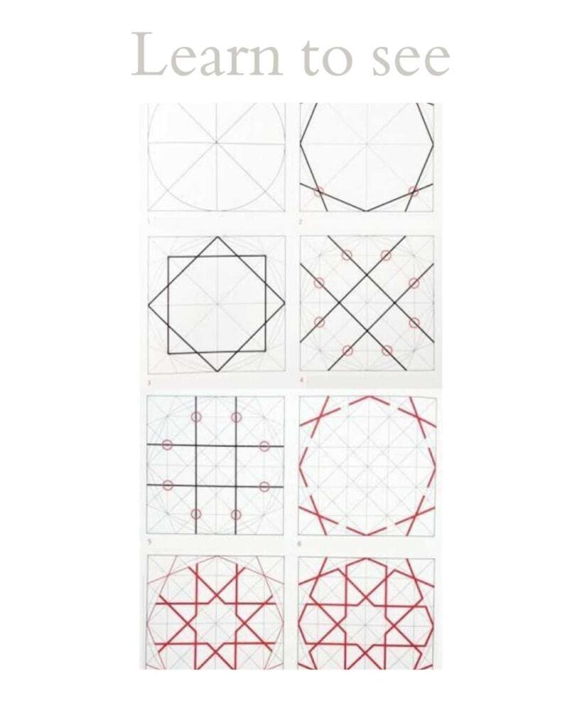 Construction of an Islamic geometric pattern illustrating how circles, squares and stars create the visual language of Islamic architecture.