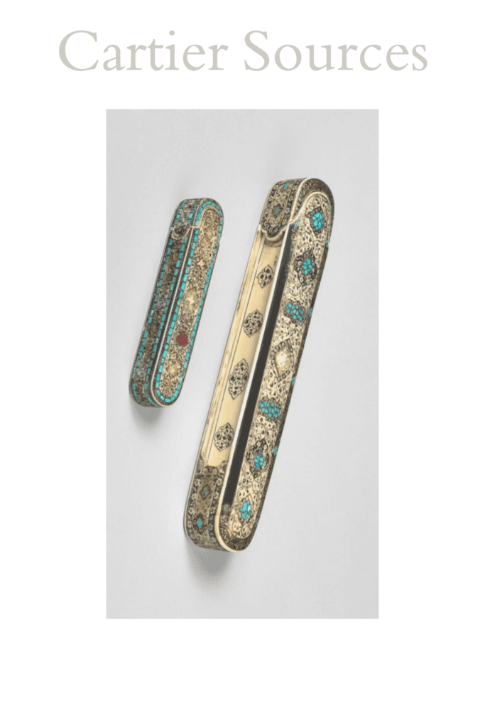 The Shah Abbas pen case: carved ivory inlaid with gold and turquoise, made between Iran and India around 1575-1625, later acquired by Louis Cartier